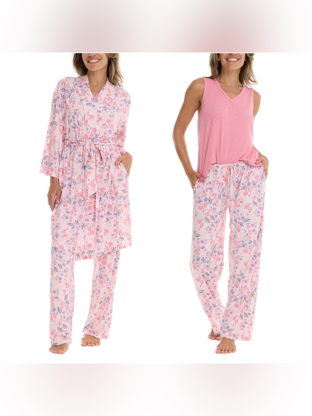 NWT Flora Nikrooz Pink Floral 3-Piece Pajama Set with Robe size L